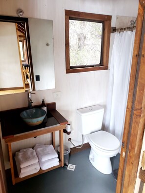 Ein Badezimmer mit einem Holzbadschrank, einer weißen Toilette und einem Fenster mit Blick auf Bäume.