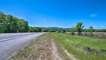 A rural road with a clear blue sky, green fields, and trees.