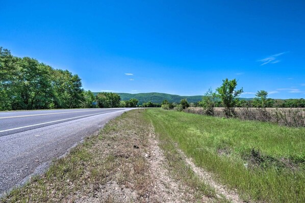 A rural road with a clear blue sky, green fields, and trees. - Nice Small home for small group (Muse)