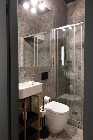 A modern bathroom with a glass shower enclosure, a sink with a mirror, and a toilet.
