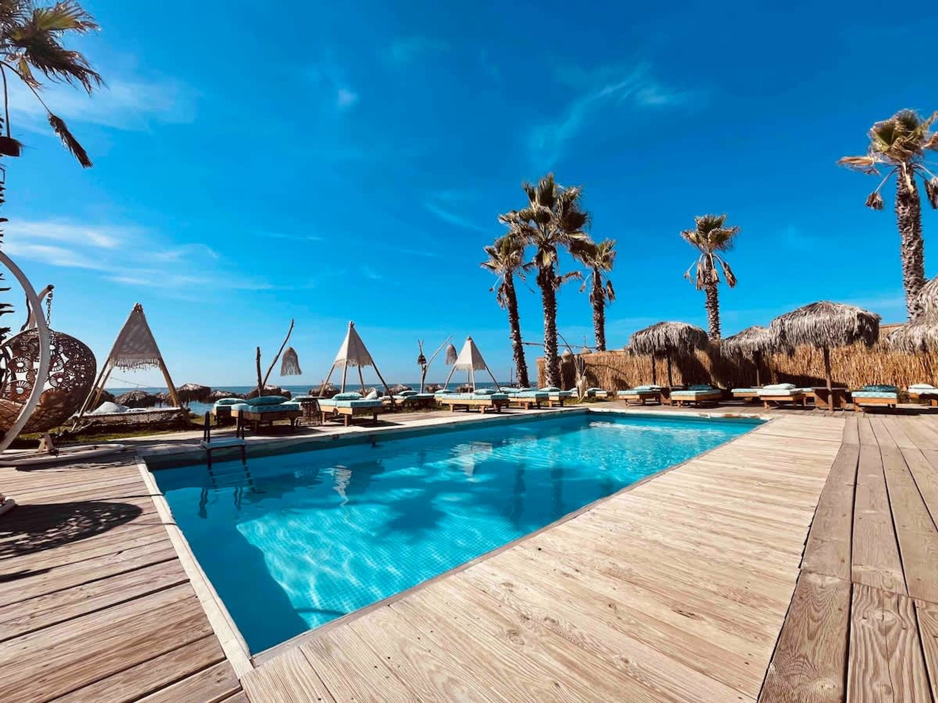 A wooden deck with a pool, lounge chairs, and palm trees.