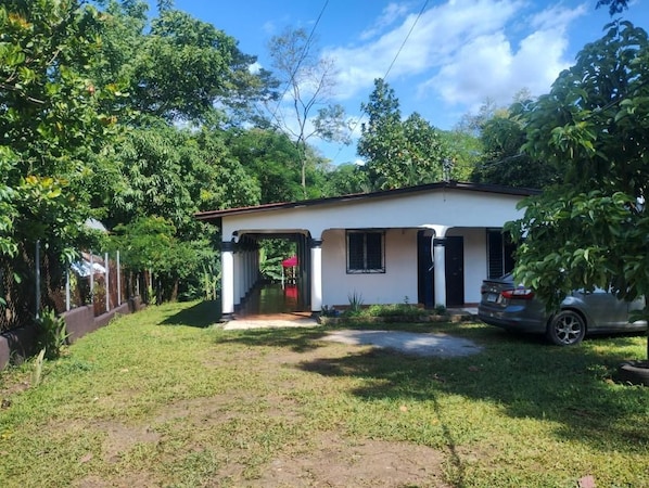 A single-story house with a covered porch, surrounded by lush greenery and a clear sky.