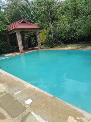Ein Pool mit einer Steinterrasse und einem Gazebobau.