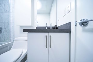 Ein modernes Badezimmer mit Toilette, Duschbereich und Waschtisch mit Granitplatte.