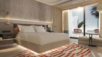 A modern hotel room with a large bed, a bedside table, a nightstand, a wall-mounted lamp, and a view of the outdoors through a large window.