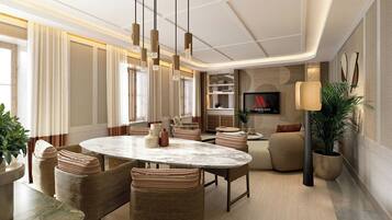 Un espace repas moderne avec une table ronde, des chaises en osier, des luminaires suspendus et un téléviseur fixé au mur.