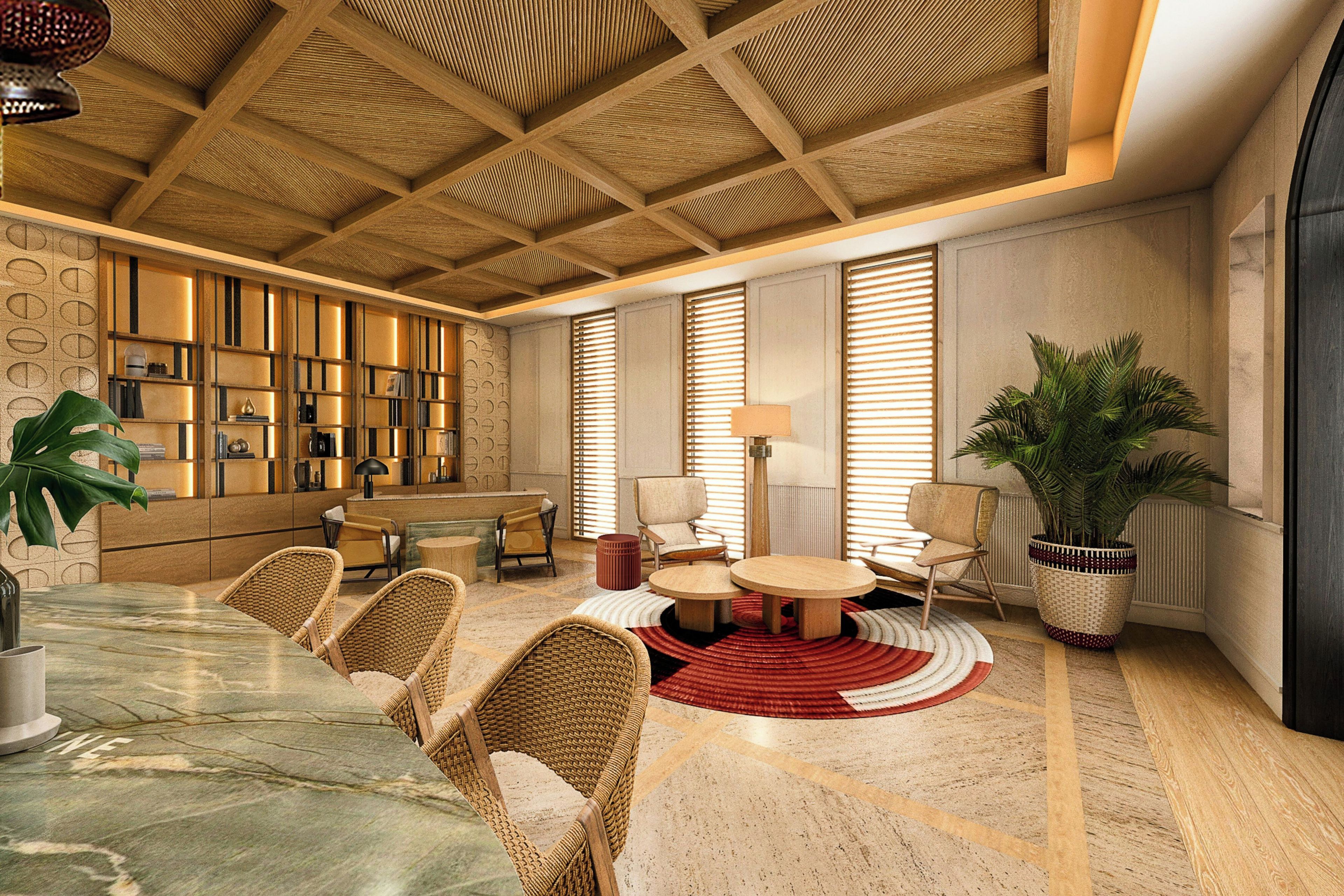Un salon moderne avec un plafond en bois, une cheminée, un coin repas avec des chaises en osier et une bibliothèque.