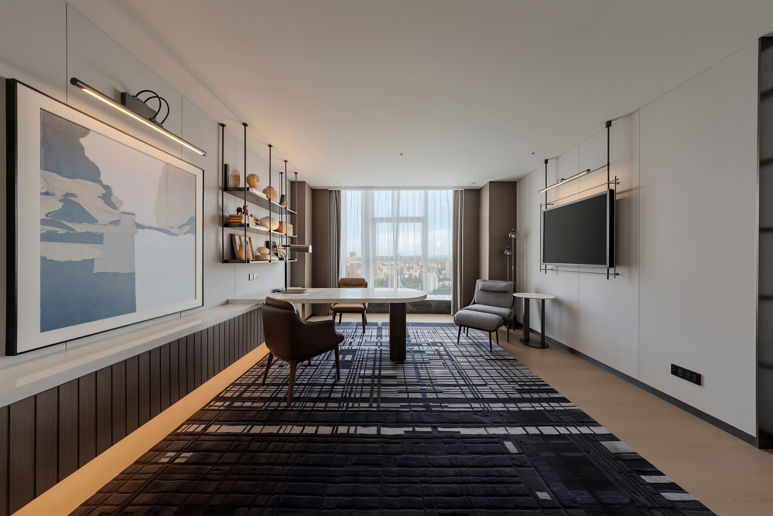 A modern living room with a dining area, a large window, and a flat-screen TV mounted on the wall.