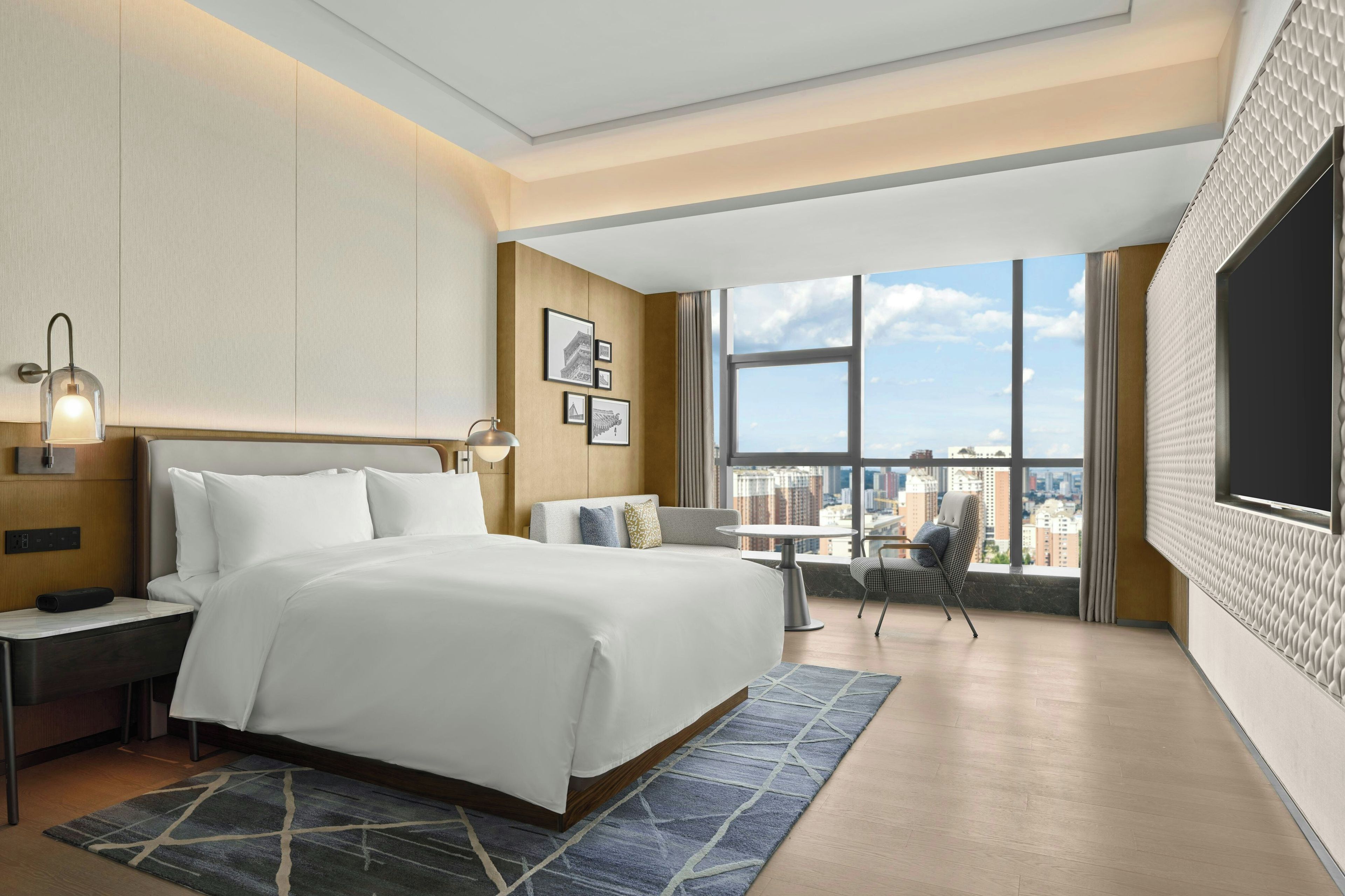 A hotel room with a large bed, a desk, a chair, a TV, and a city view.