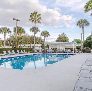 A swimming pool with lounge chairs and a covered seating area, surrounded by palm trees. - NEW! 3bed/ 2bath house close to Disney World, The PERFECT fit! (Winter Garden)