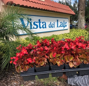 Ein Schild mit der Aufschrift 'Vista del Lago', umgeben von Kübelpflanzen und einer Palme.