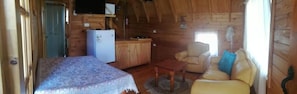 Una habitación compacta con cama, una kitchenette pequeña, un sofá y una ventana.