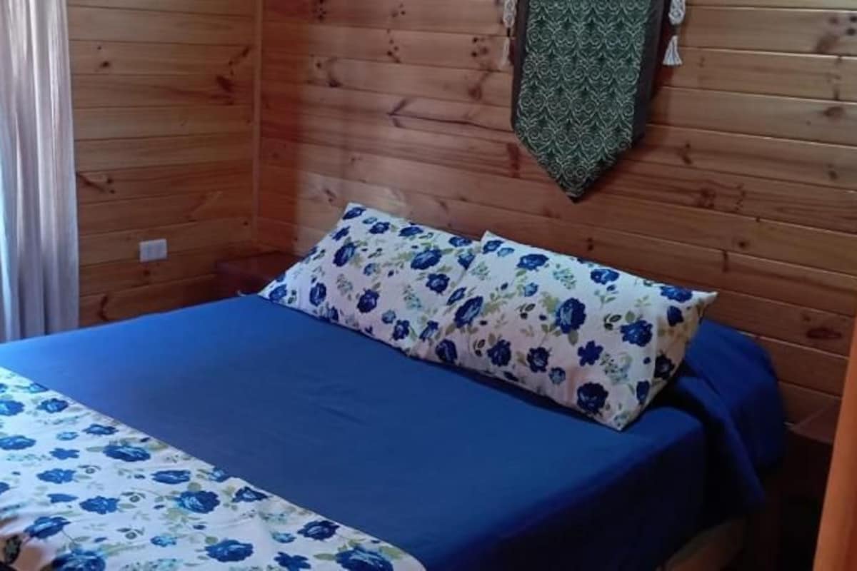 A wooden cabin room with a bed, a window, and a curtain.