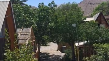 Un sendero que lleva a un edificio con techo inclinado, rodeado de vegetación y una montaña al fondo.
