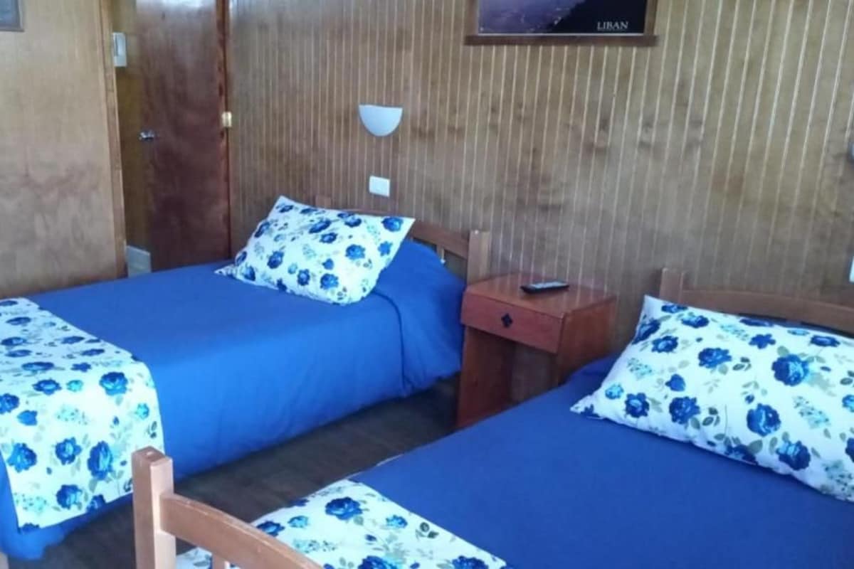 Una habitació amb dos llits, cadascun amb un llençol blau i almoinades florals, una taula de nit amb una làmpada, i un armari de fusta.