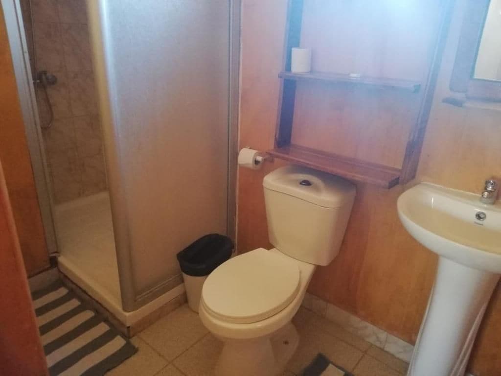 Un baño con inodoro, lavabo y ducha.