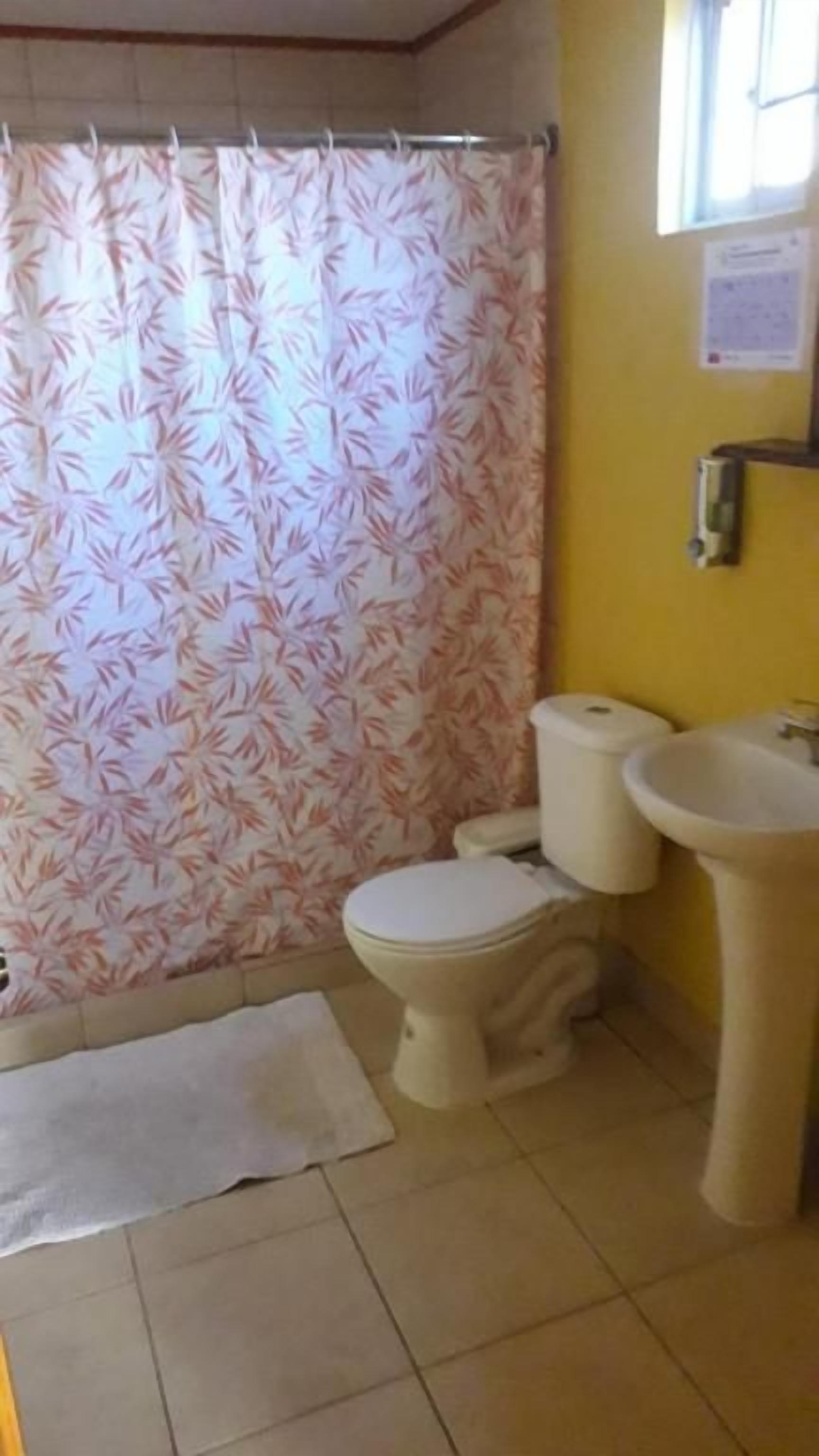 A bathroom with a toilet, sink, and a shower curtain.