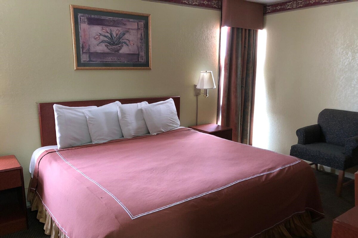 A hotel room with a large bed, a chair, a nightstand, a lamp, and a framed picture on the wall.