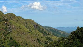 A mountainous landscape with lush greenery and a clear sky.