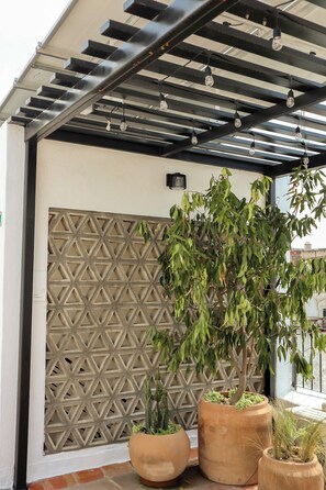 A covered outdoor area with a geometric patterned wall, potted plants, and a metal ceiling structure. - Loft histórico en el corazón de GDL LC (Guadalajara)