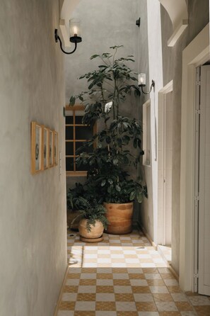 A hallway with a checkered floor, a large potted plant, wall-mounted lights, and framed pictures on the wall. - Amplio loft Casa Histórica en Zona Centro SF (Guadalajara)