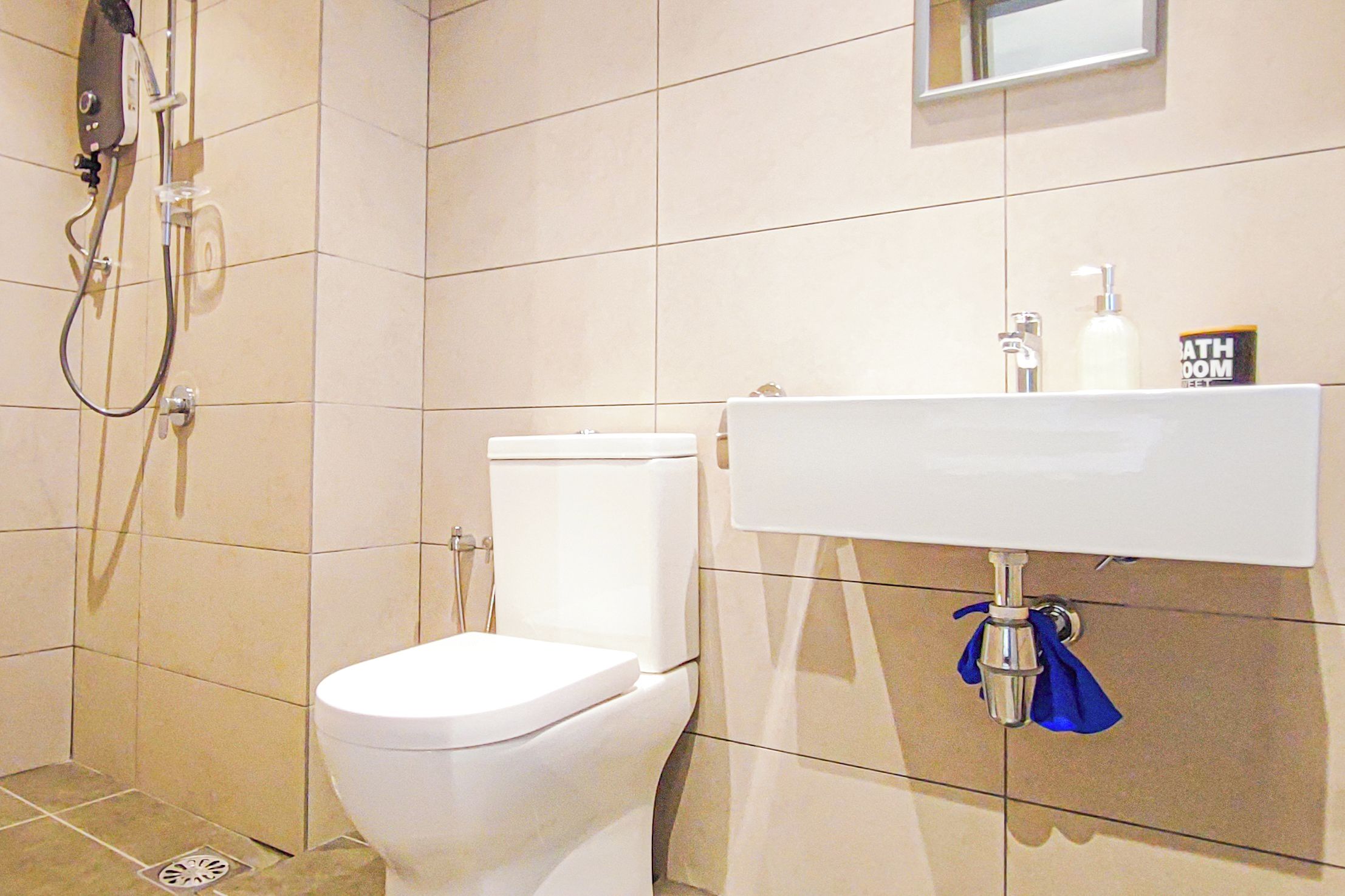 A bathroom with a toilet, a shower, and a sink with a mirror above it.