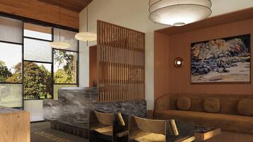 A modern interior with a wooden ceiling, a large window, a sofa, and a painting on the wall.