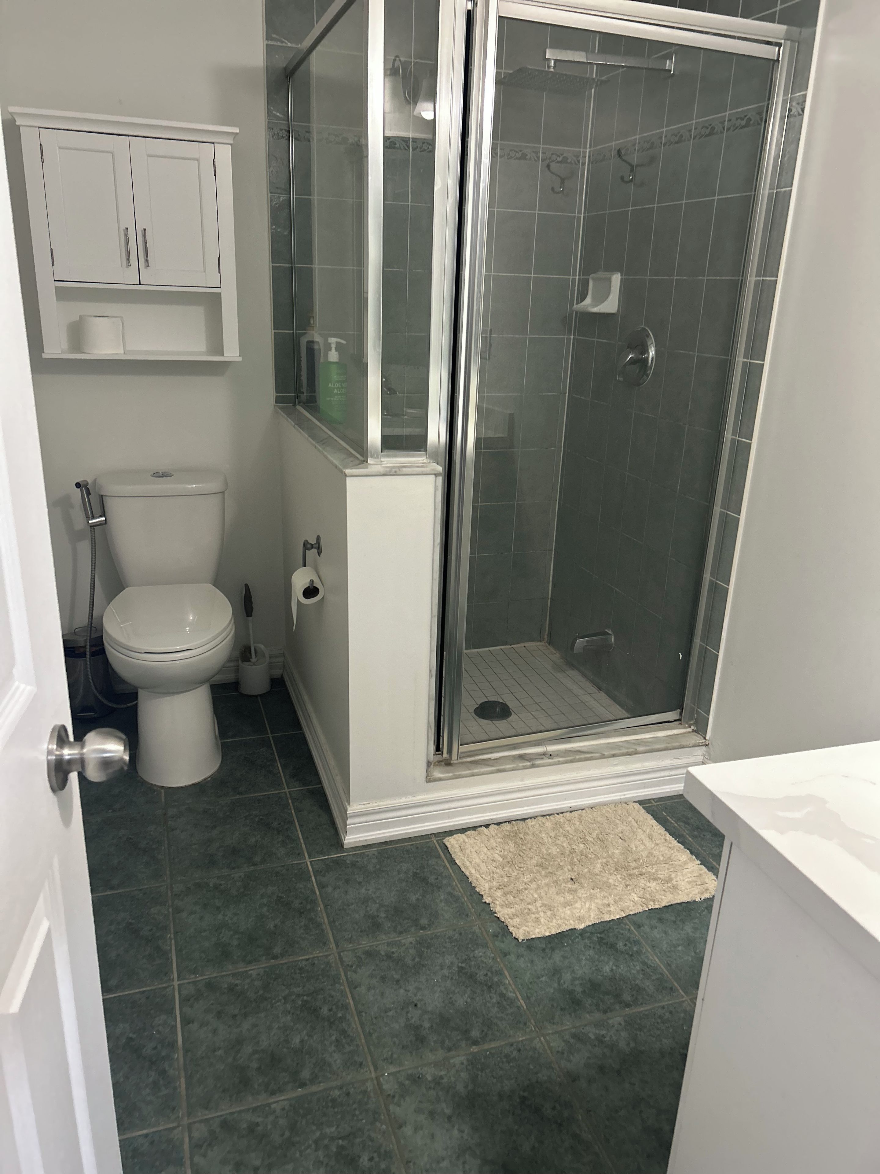 Un baño con inodoro, cabina de ducha y un mueble sobre el inodoro.