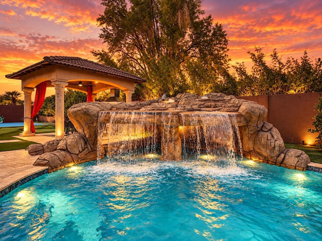 A swimming pool with a waterfall feature, a covered seating area, and a gazebo.
