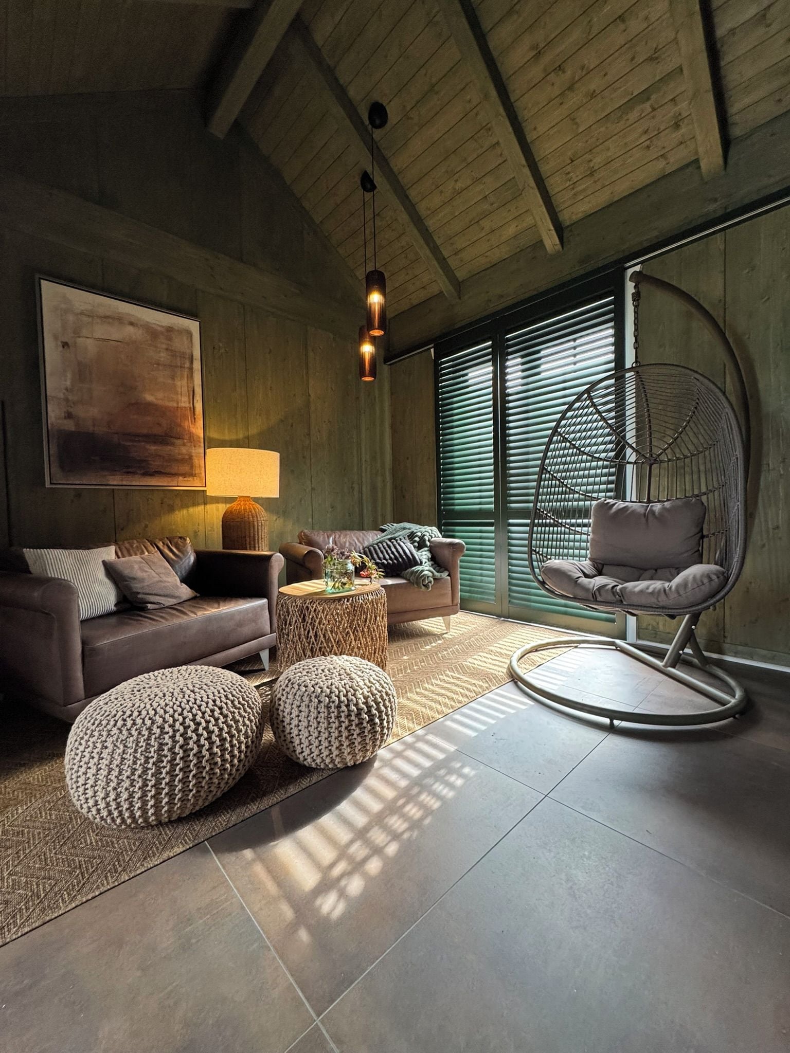 A modern living room with a sofa, a hanging chair, and a lamp.