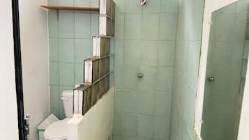 A bathroom with green tiles, a white toilet, and a shower area.