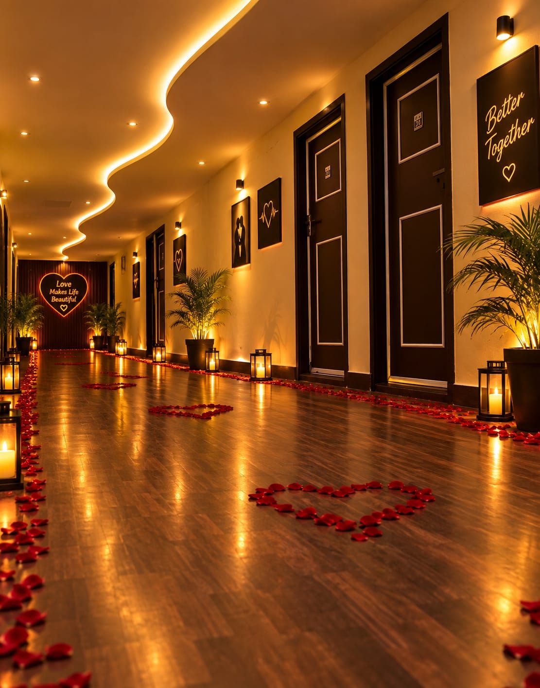 A hotel corridor with a wooden floor, red rose petals, wall-mounted picture frames, and a heart-shaped sign with the text 'Love Makes Life Beautiful.'