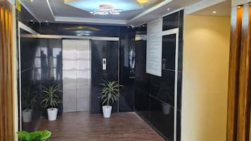 Un interior moderno con suelo de madera, plantas en macetas e iluminación empotrada en el techo.