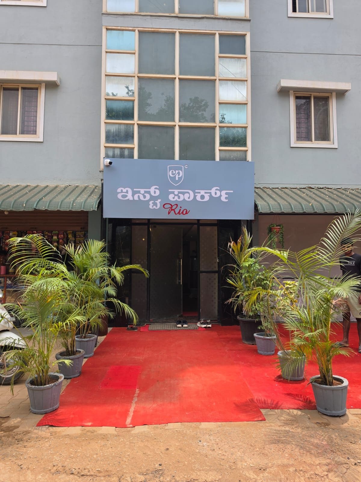 Entrada de hotel con alfombra roja, plantas en macetas y un letrero que dice 'Rio'.