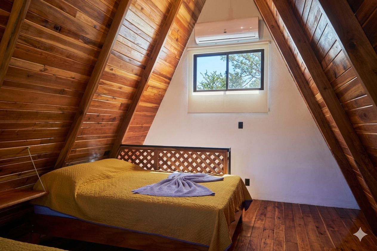 Una habitación con techo inclinado, paredes de madera, una cama con colcha amarilla, una ventana con vista a árboles y un equipo de aire acondicionado.