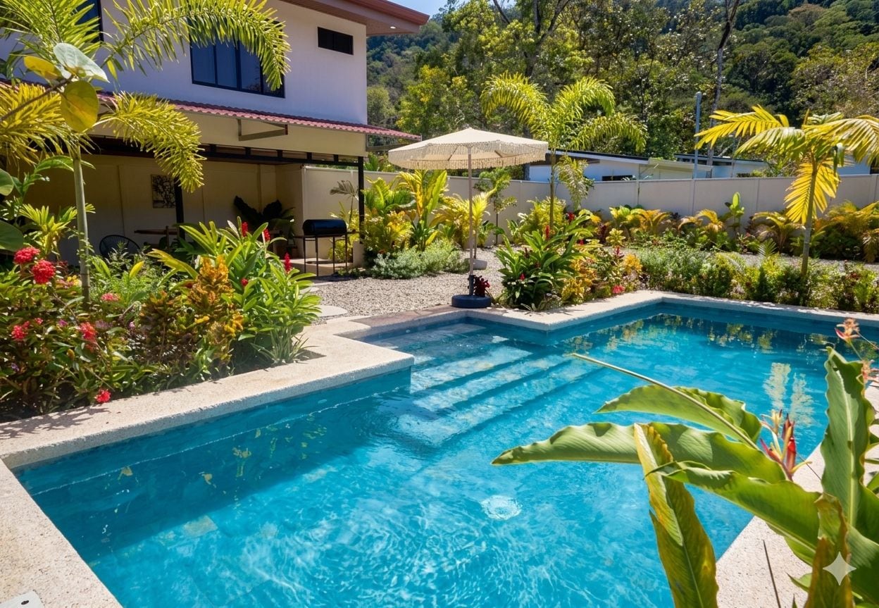 Una piscina con zona de terraza, rodeada de plantas tropicales y un edificio de techo rojo.