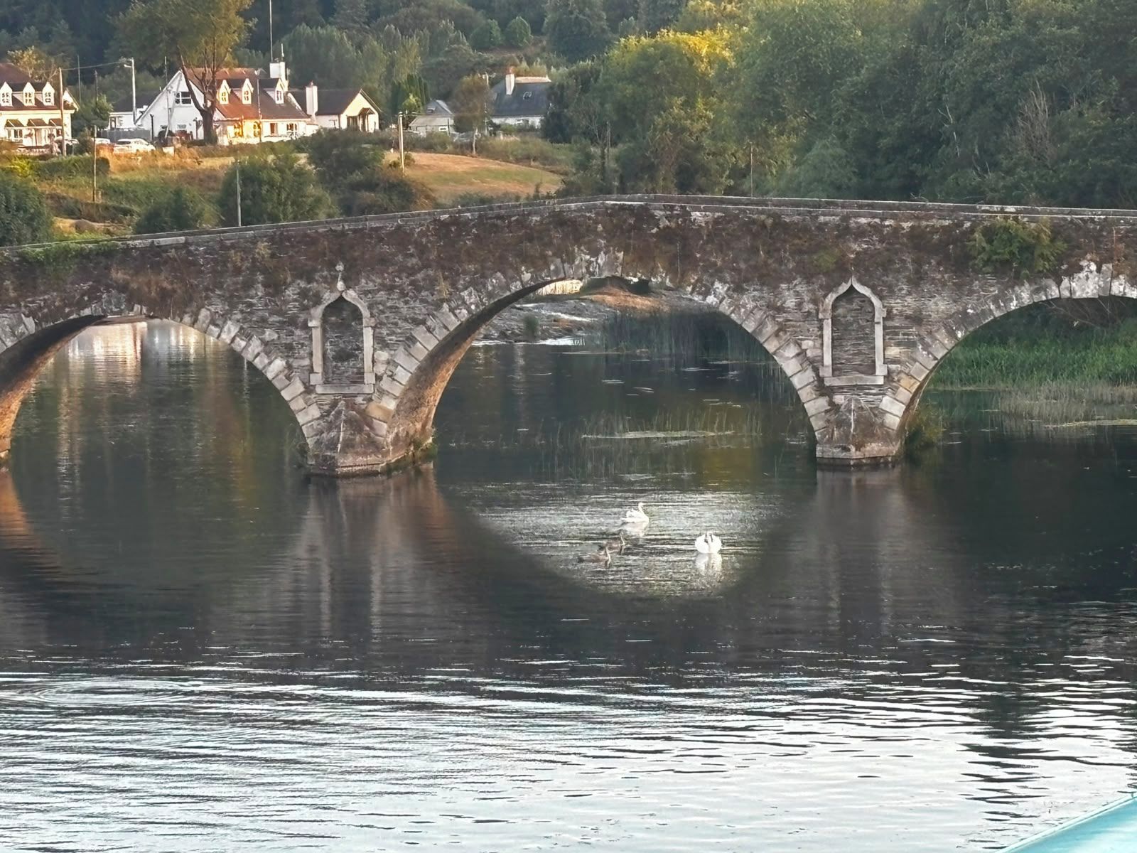 A stone bridge with three arches over a calm river, surrounded by greenery and houses.