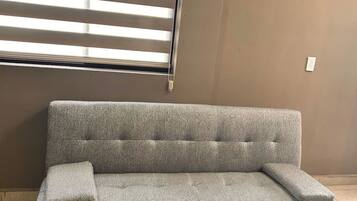 A grey sofa with a matching pillow, positioned in front of a window with horizontal blinds.