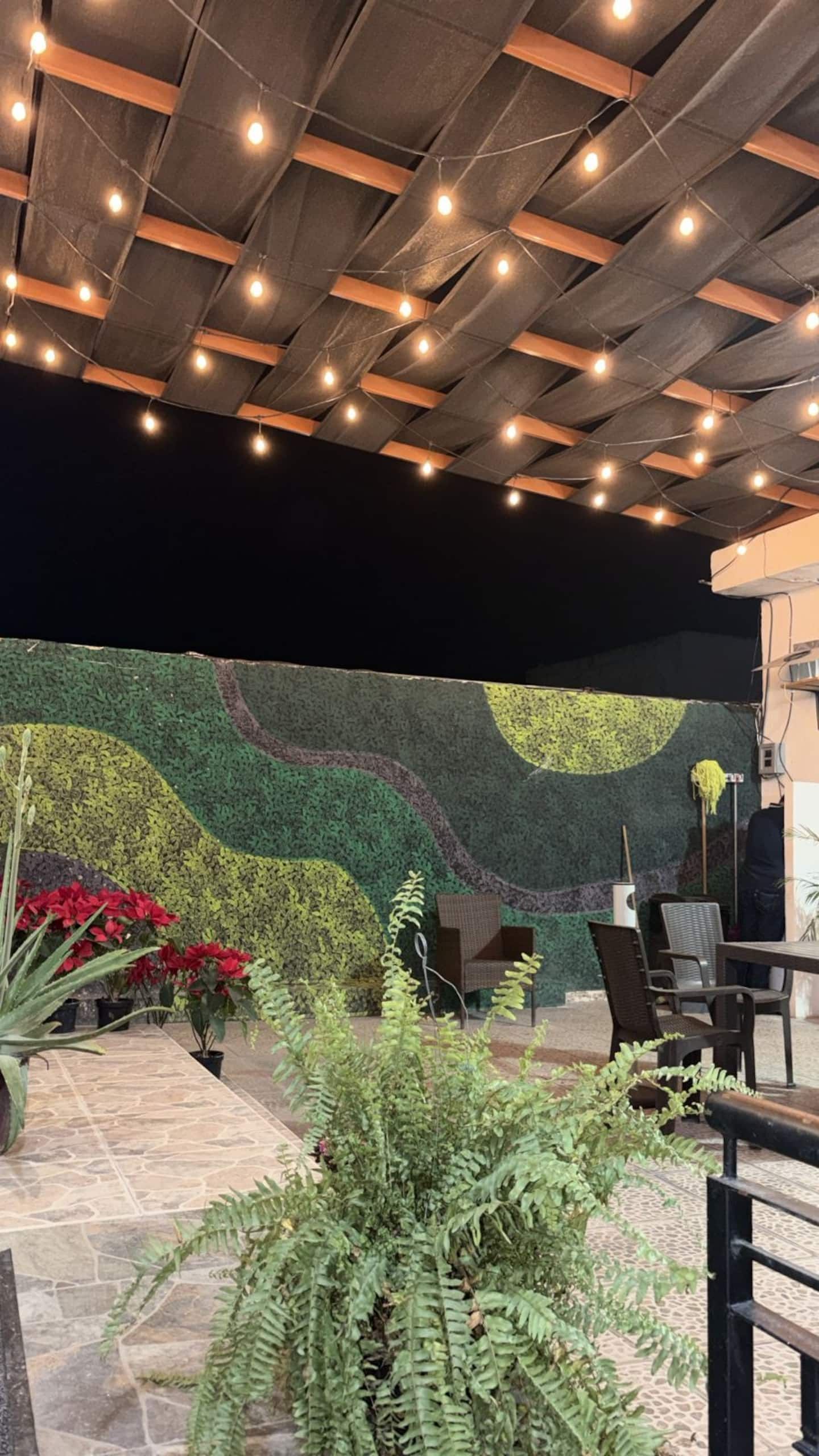 Un área de estar al aire libre con un muro estampado, luces colgantes y plantas en macetas.