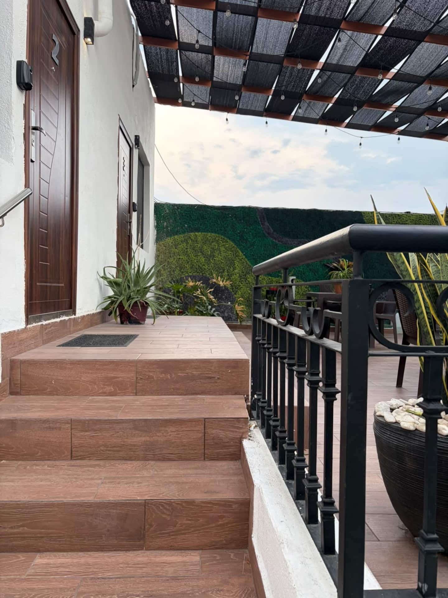 A set of wooden steps leading to a door, a metal railing, and a green wall with a hedge.
