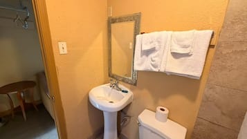 A bathroom with a sink, toilet, and a mirror.