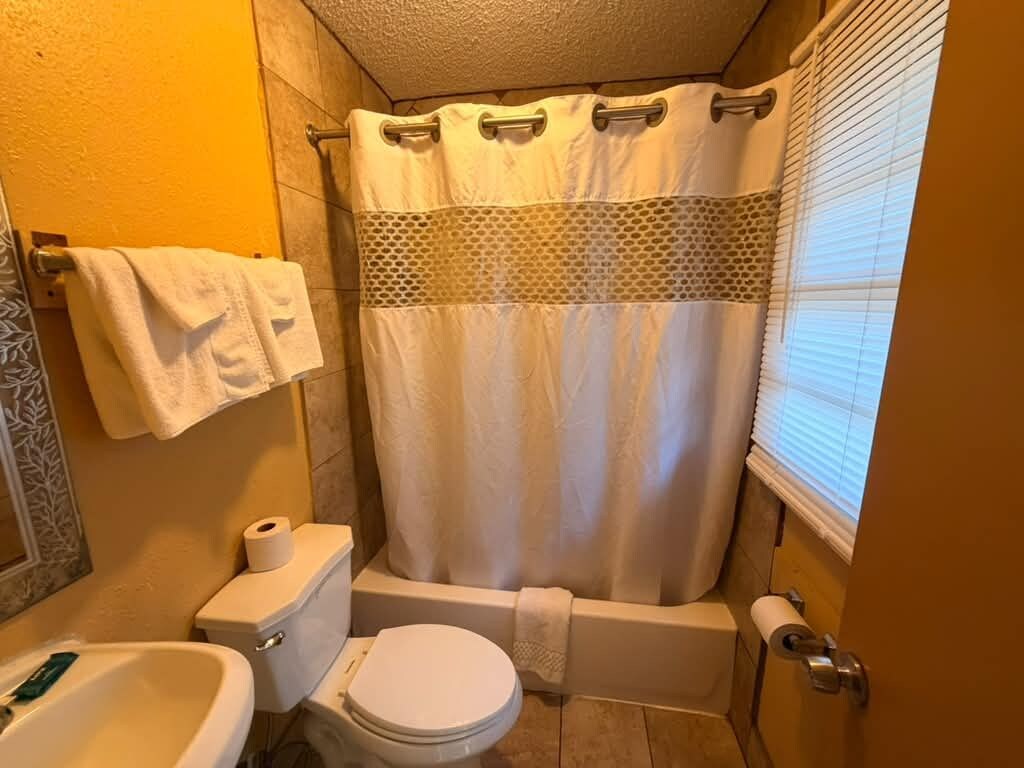 Un baño con inodoro, bidé y bañera.