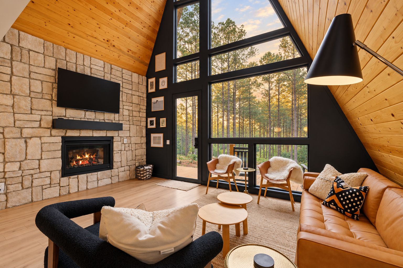 A cozy interior with a stone fireplace, wooden ceiling, and large windows offering a forest view.