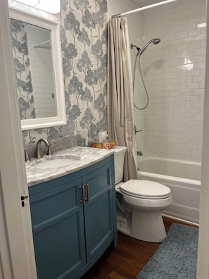 A bathroom with a white toilet, a sink with a marble countertop, and a shower with a curtain. - Luxury 2BR-1BA- Broadway BNB- Walk to Centre (Danville)