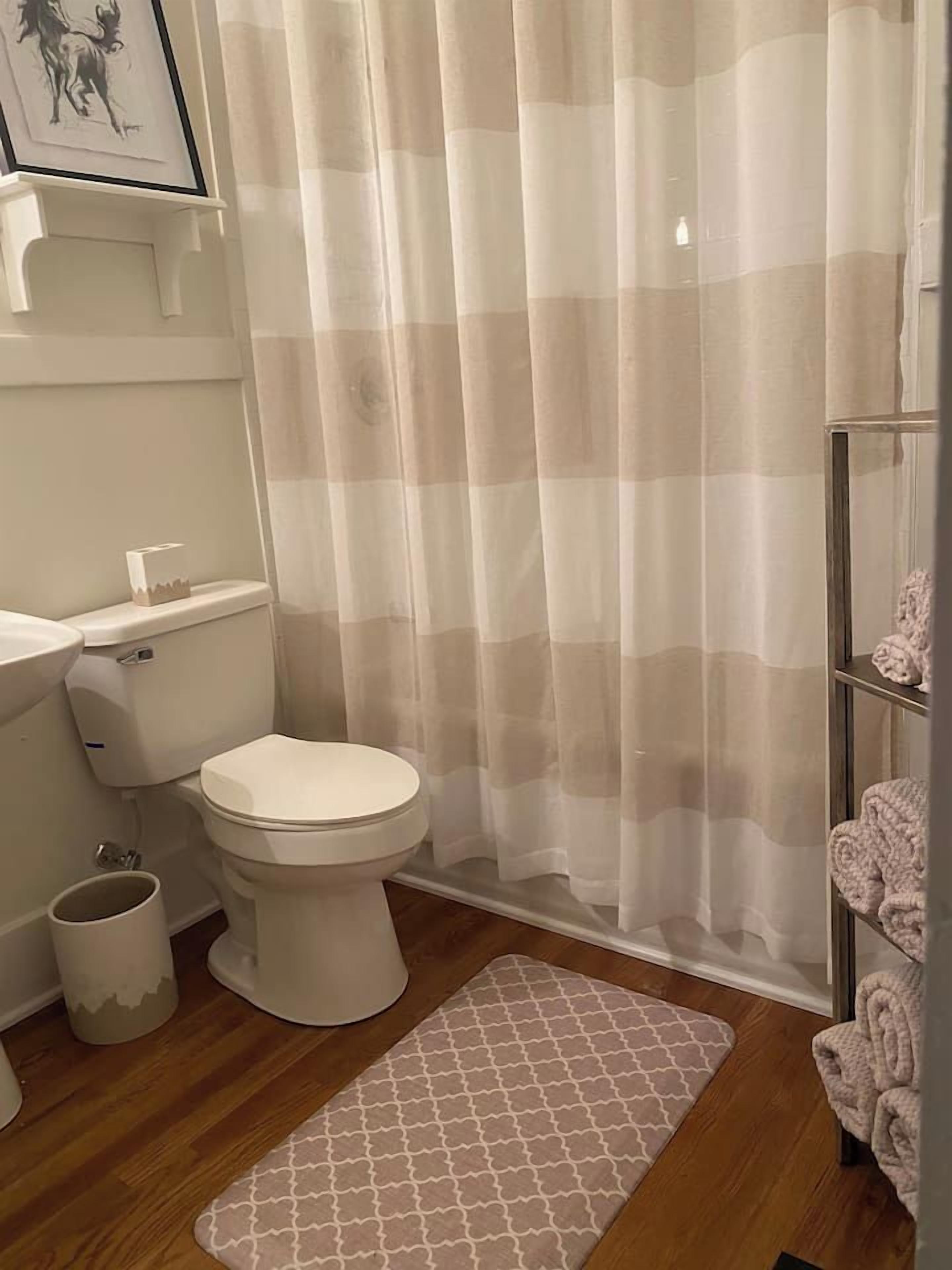 A bathroom with a toilet, a sink, a shower curtain, and a small rug.
