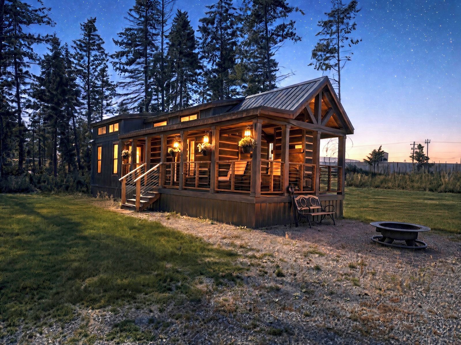 A cabin with a wooden exterior, a porch with hanging lights, and a staircase leading to the entrance.