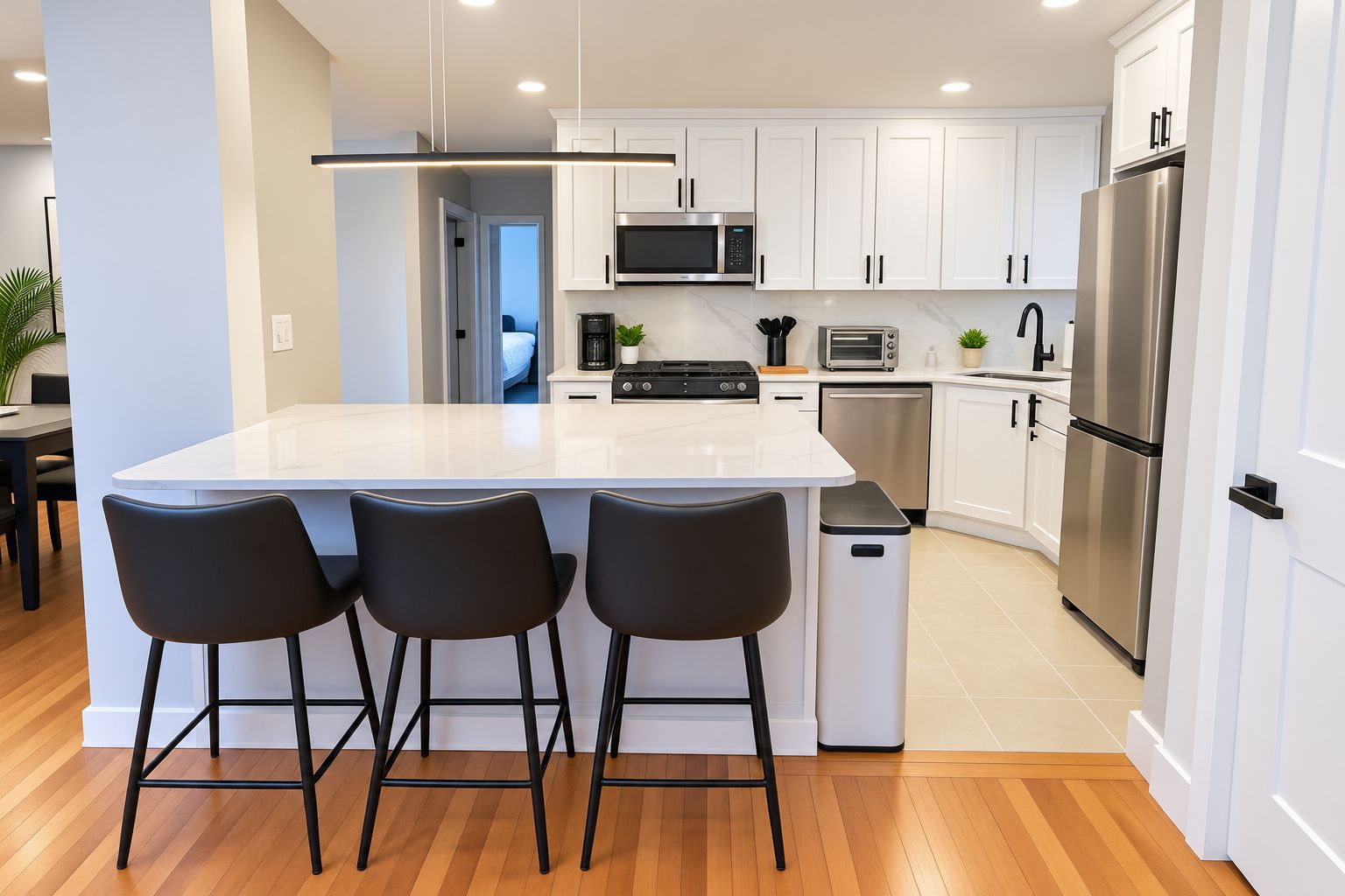 A modern kitchen with white cabinets, stainless steel appliances, and a central island with bar stools.