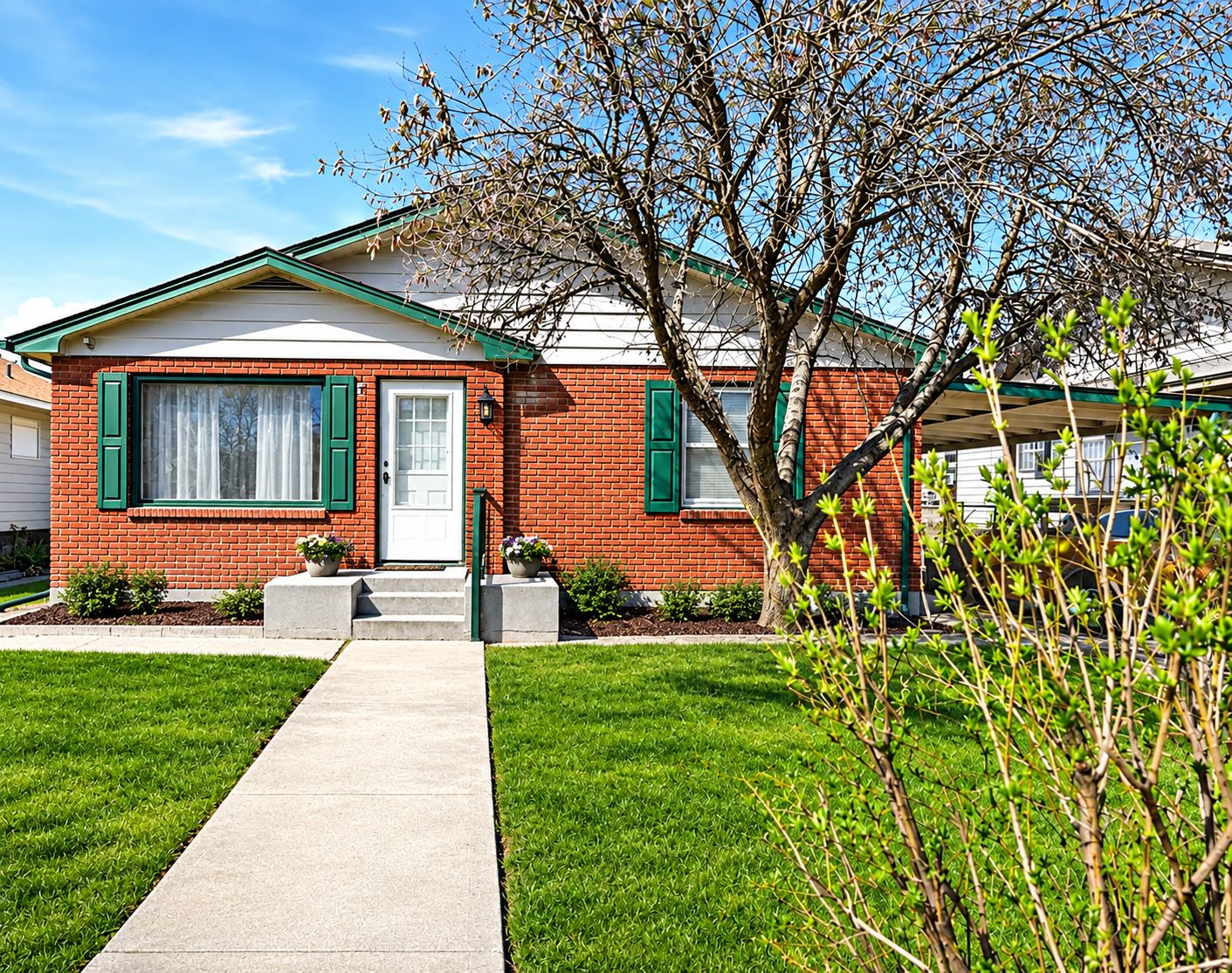 A single-story brick house with a front porch, a small front yard, and a tree in the foreground.
