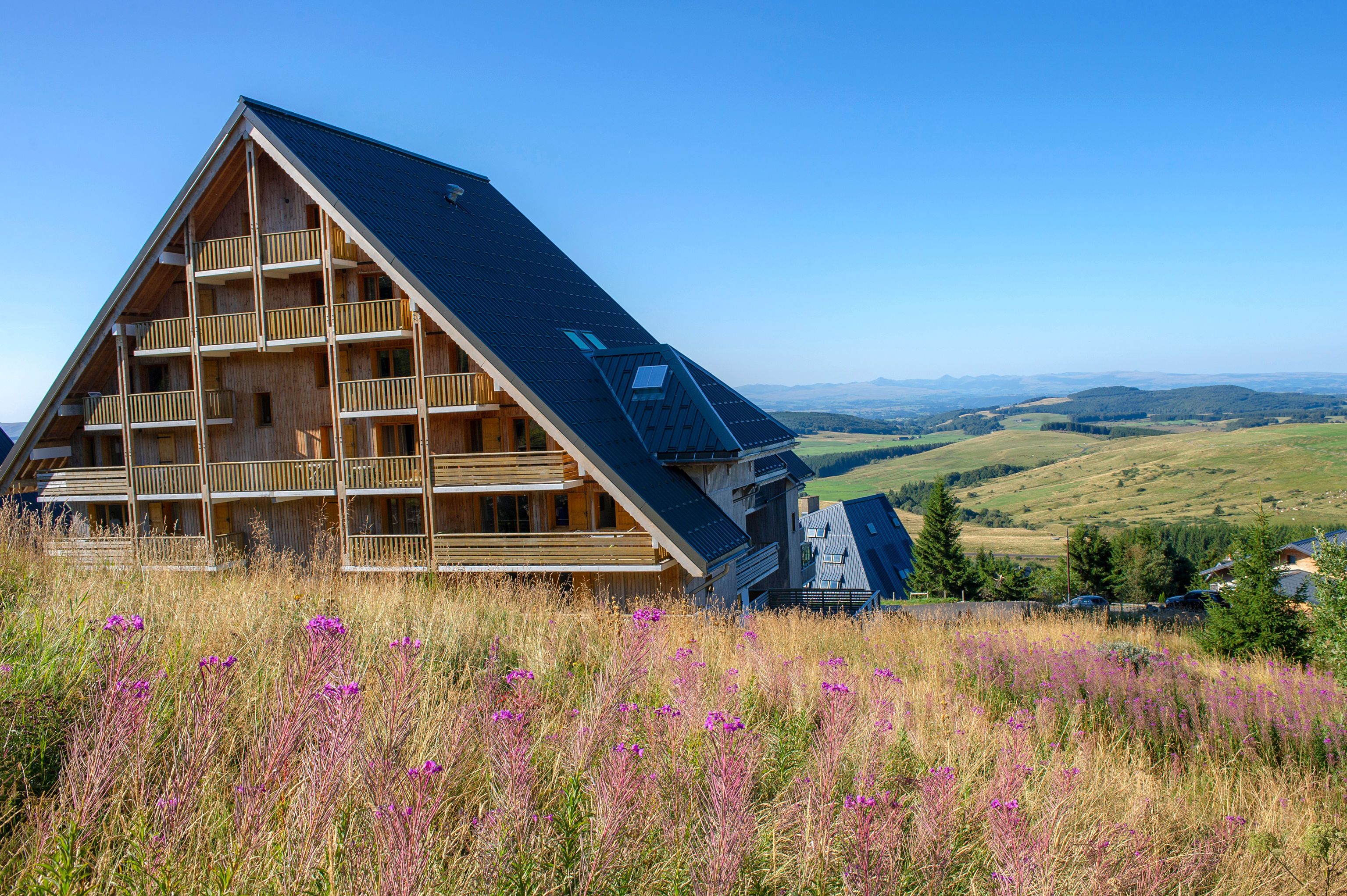 Un grand bâtiment en bois à plusieurs étages, doté d’un toit en pente, entouré d’un champ de fleurs violettes et offrant une vue sur des collines lointaines.