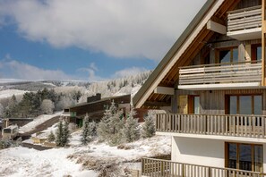 A multi-story building with a balcony, surrounded by snow-covered trees and a clear sky.